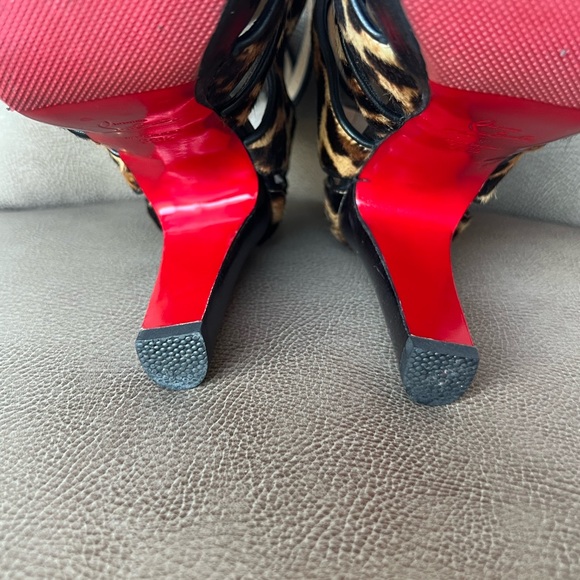 Christian loub Keny 120 Leopard Calf Hair Brown Black Gladiator Peep Toe 38 1/2 - Picture 12 of 16